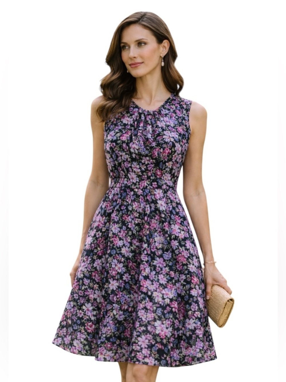 Matsuda Harue Tokyo A-line Chiffon Midi Sleeveless Dress Black Floral Zipper 8